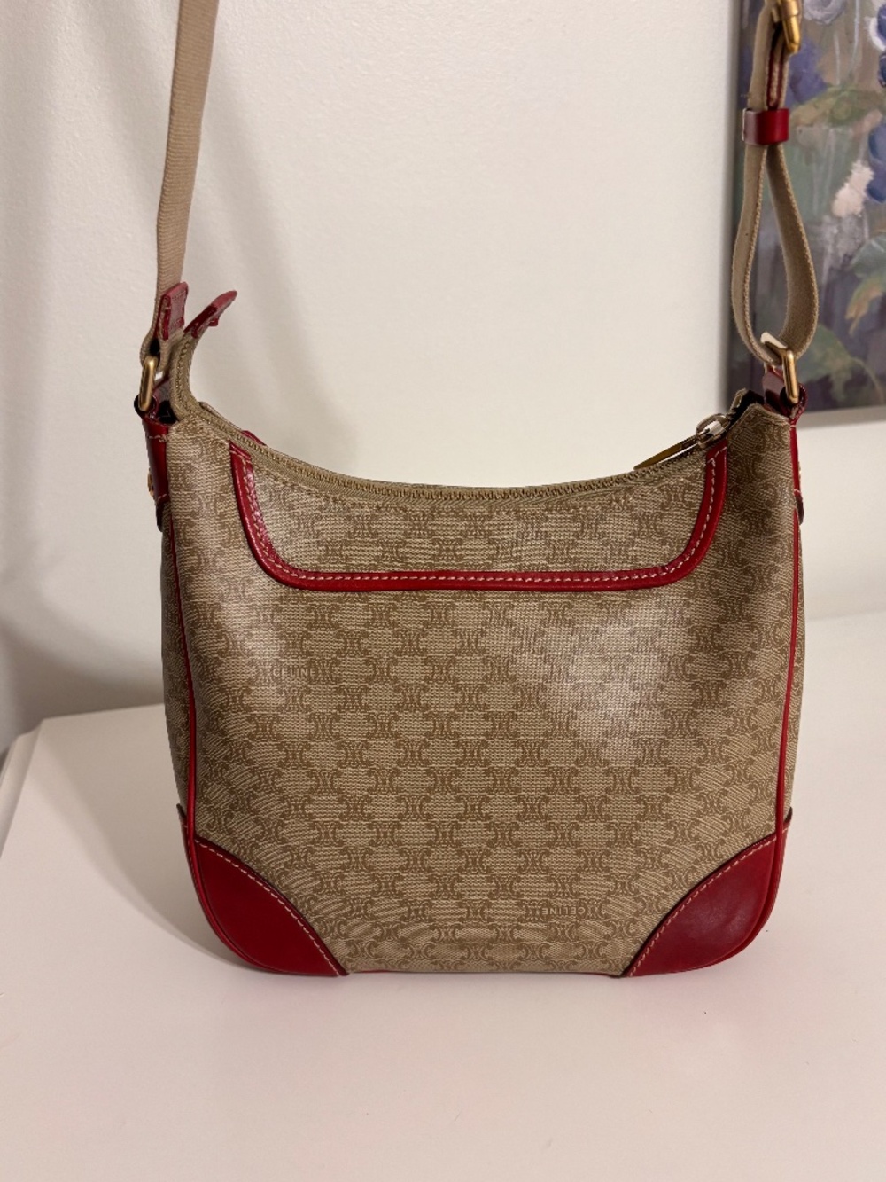CELINE Vintage Macadam Shoulder/crossbody bag Red Leather trim Beige PVC Italy
